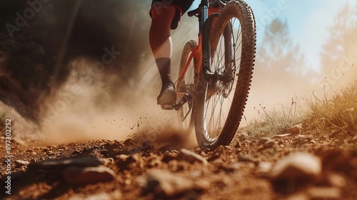 Wallpaper Mural A professional cyclist speeds down a dusty trail on an enduro mountain bike, kicking up a cloud of dirt as they go. Generative AI Torontodigital.ca