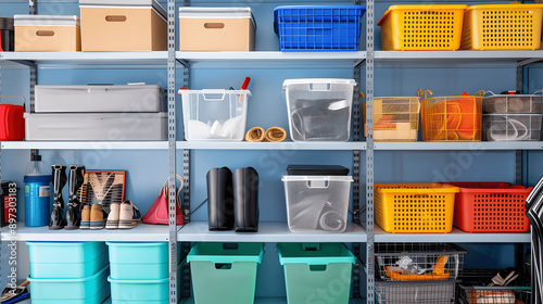 Home storage closet with labeled boxes and color-coordinated bins photo