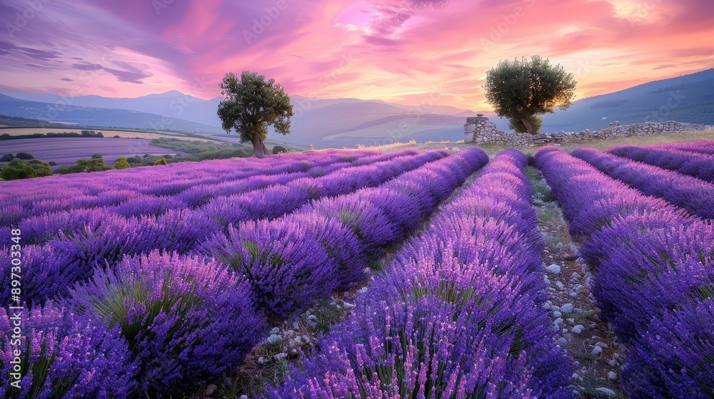 Obraz premium Lavender Fields at Sunset - Stunning Landscape Photography