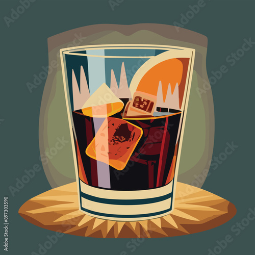 Woodblock print poster style illustration of bourbon glass old fashioned cocktail