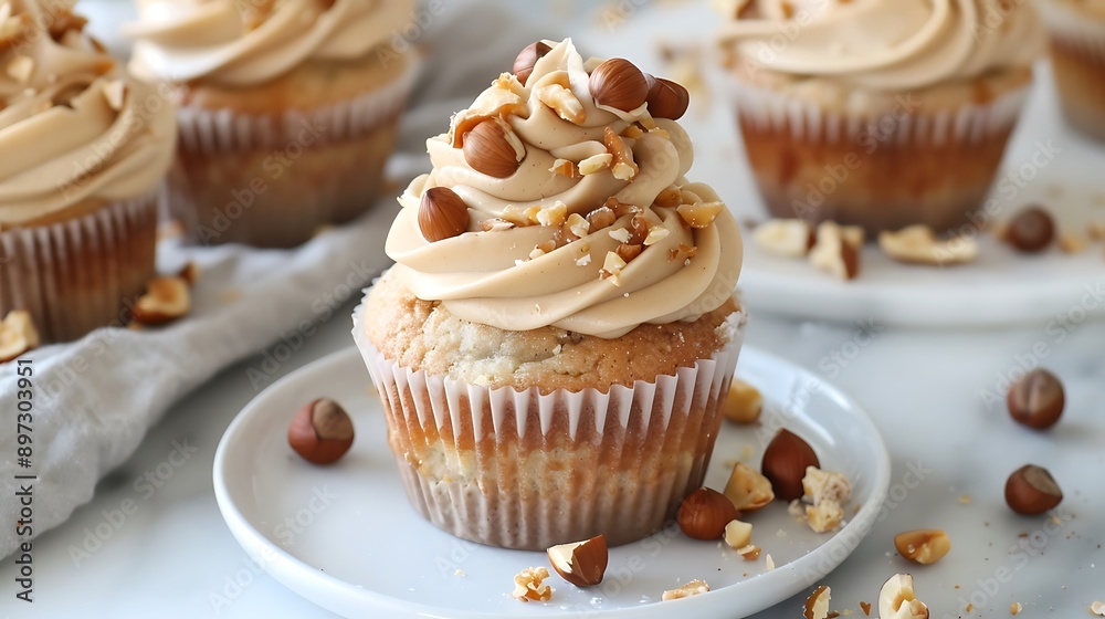 Single nutty hazelnut praline cupcake with praline frosting and crunchy hazelnuts Single nutty hazelnut praline cupcake with praline frosting and crunchy hazelnuts
