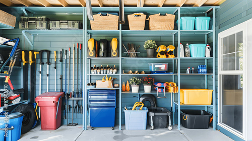 Well-organized garage storage with labeled shelves and bins