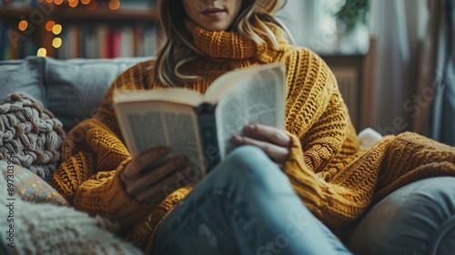 Girl reading book while relaxing at home.