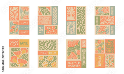 BloomBlocks, a set of abstract botanical wall art posters. Modern floral aesthetic vector illustrations in natural earthy colors.