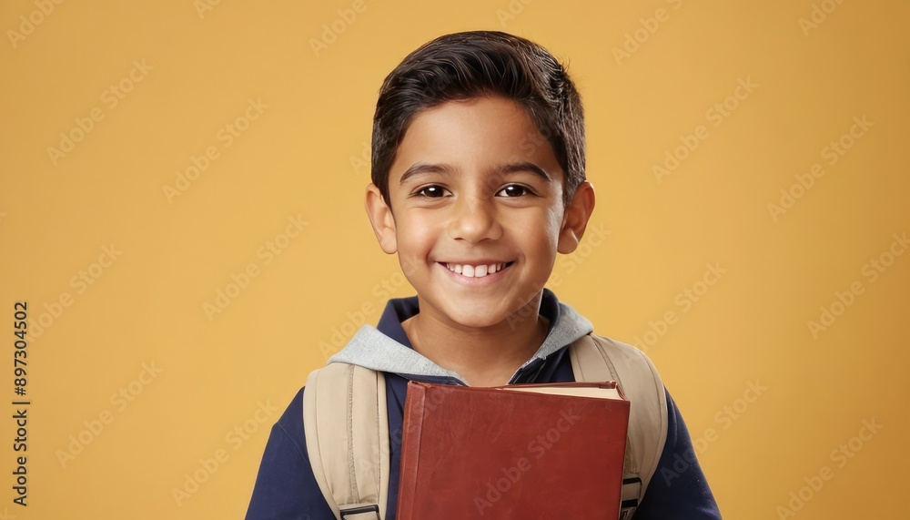 Obraz premium A cheerful hispanic or latino schoolboy with a backpack and book, wearing a sweater, smiles brightly in front of a yellow backdrop, symbolizing enthusiasm for education.