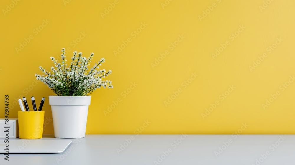 Bright and cheerful workspace with yellow wall, potted plant, and organized desk items, promoting creativity and productivity.