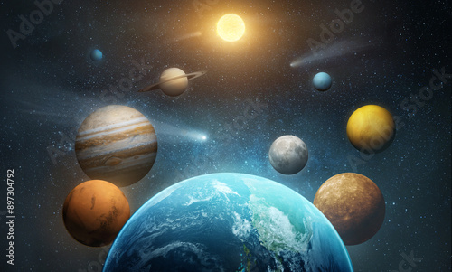 Fototapeta Naklejka Na Ścianę i Meble -  Solar system- Sun, Mercury, Venus, planet Earth, Mars, Jupiter, Saturn, Uranus, Neptune.. Space panorama of the universe. Elements of this image furnished by NASA