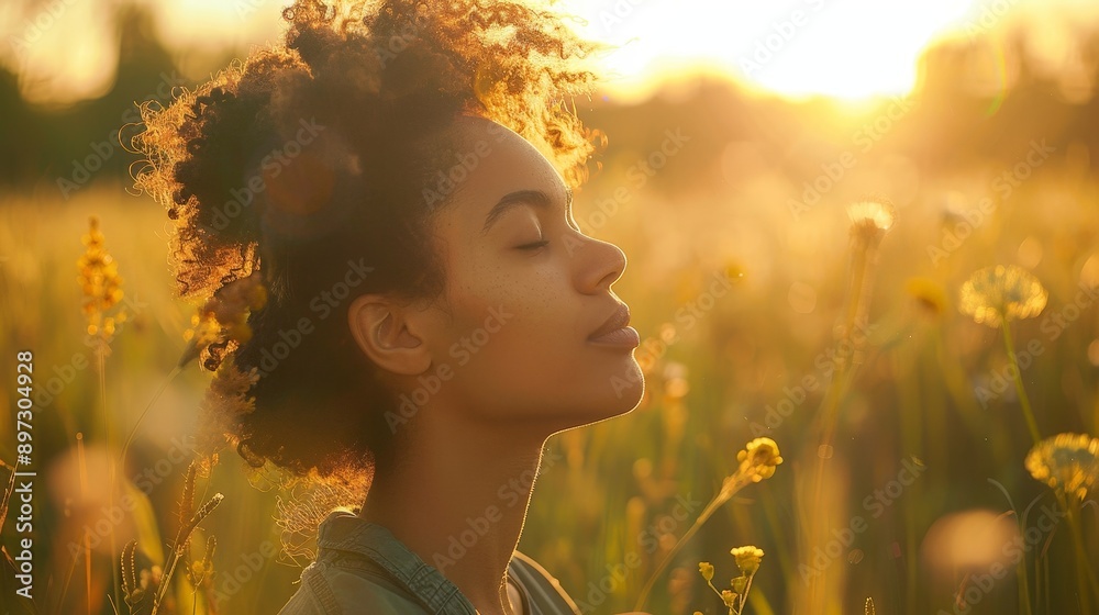 A person breathing deeply in a peaceful meadow A person breathing deeply in a peaceful meadow