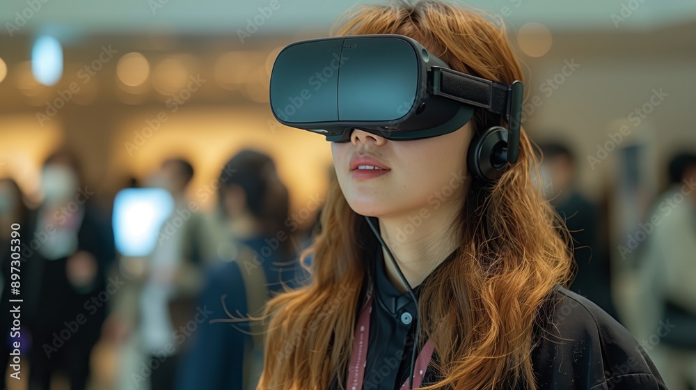 A woman wearing a VR headset practices public speaking in a virtual environment, with a blurred background of other people in a conference hall. A woman wearing a VR headset practices public speaking in a virtual environment, with a blurred background of other people in a conference hall.