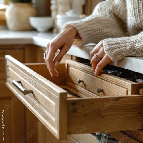 Exploring Interior Spaces: Woman's Hand Opens Wooden Drawer in Cabinet