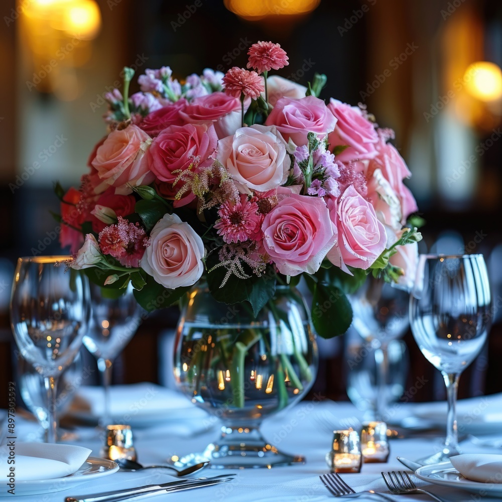 Graceful Dining: Pink Flowers, Silverware, and Glasses Arranged in a Vase on a Table Graceful Dining: Pink Flowers, Silverware, and Glasses Arranged in a Vase on a Table