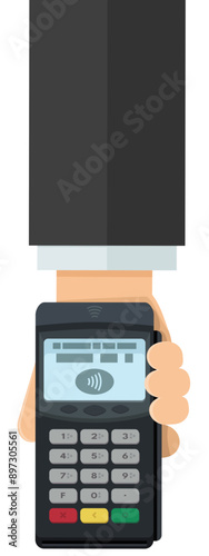 A hand presents a contactless payment terminal in flat design style (cut out)