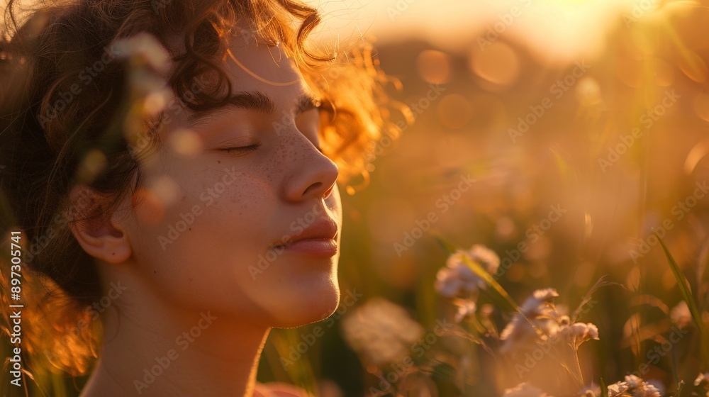 A person breathing deeply in a serene meadow A person breathing deeply in a serene meadow