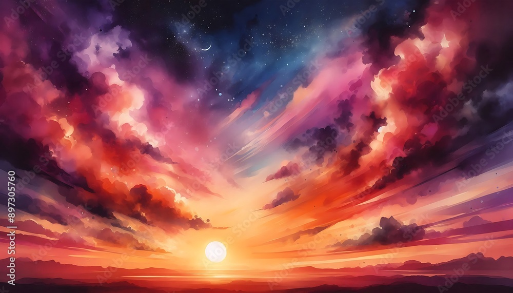 Fototapeta premium Fiery Sunset Over a Serene Landscape