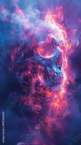 Fiery skull emerging from smoke with vivid colors