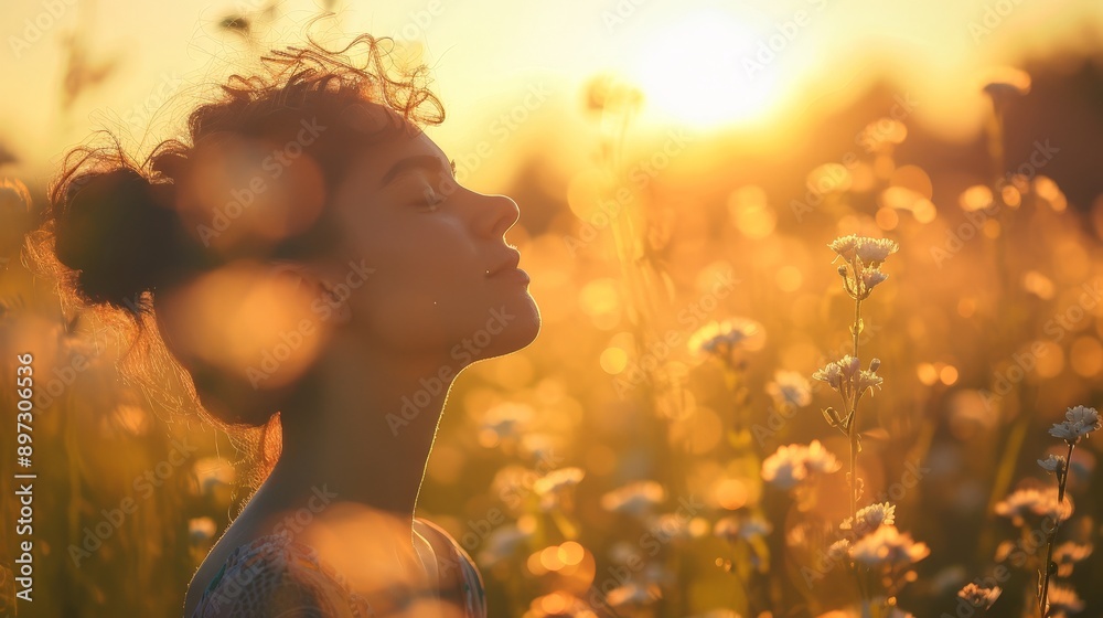 A person breathing deeply in a serene meadow A person breathing deeply in a serene meadow