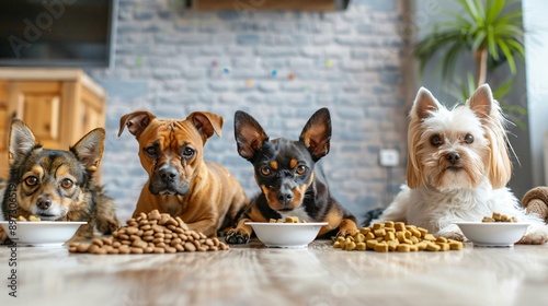 Multiple pets participating in a taste test for a new pet food brand