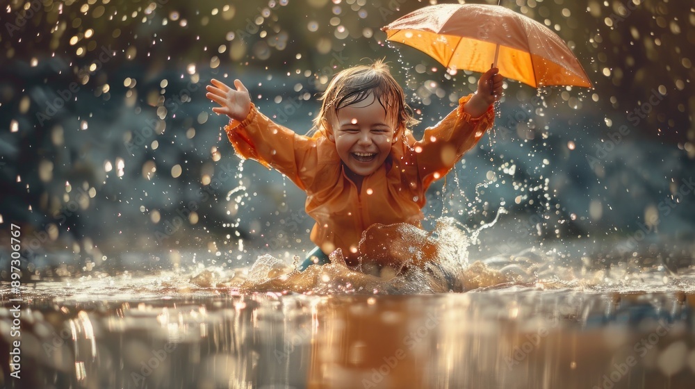 Obraz premium Joyful Child Playing in the Rain with Orange Umbrella, Splashing in Puddle, and Enjoying a Fun Outdoor Adventure