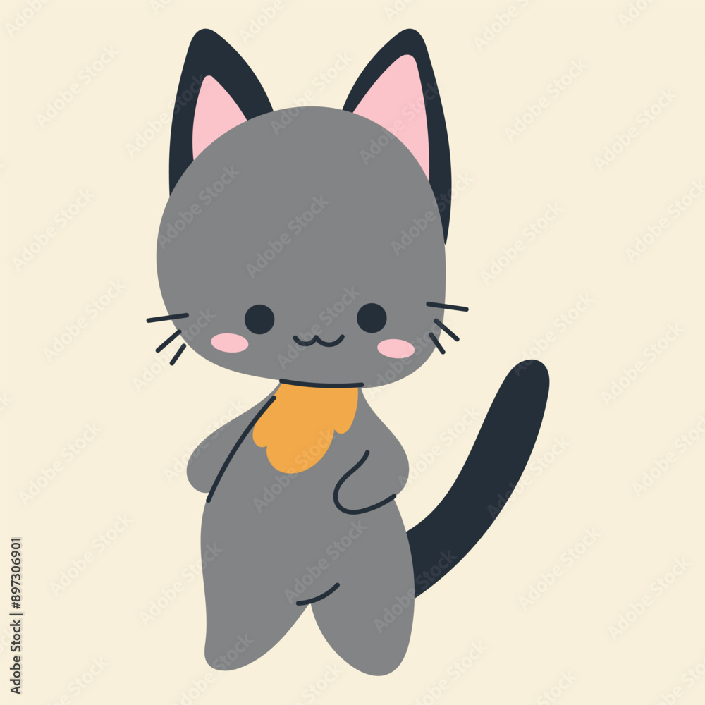 Cute kawaii cat in cartoon, flat, doodle, simple style. Design element for posters, postcards, greeting cards, wallpapers, children's clothes, fabrics, t-shirts, logos Cute kawaii cat in cartoon, flat, doodle, simple style. Design element for posters, postcards, greeting cards, wallpapers, children's clothes, fabrics, t-shirts, logos
