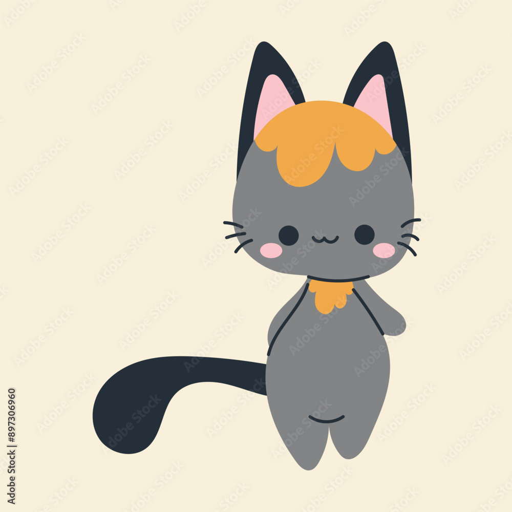 Obraz premium Cute kawaii cat in cartoon, flat, doodle, simple style. Design element for posters, postcards, greeting cards, wallpapers, children's clothes, fabrics, t-shirts, logos