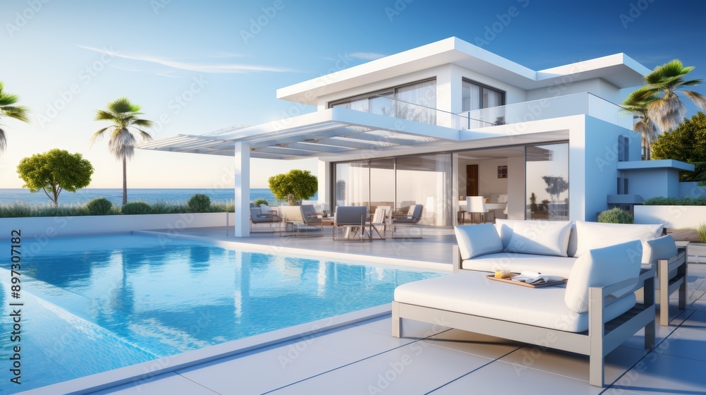 Fototapeta premium Luxurious private villa mansion with modern pool design in meticulously landscaped gardens