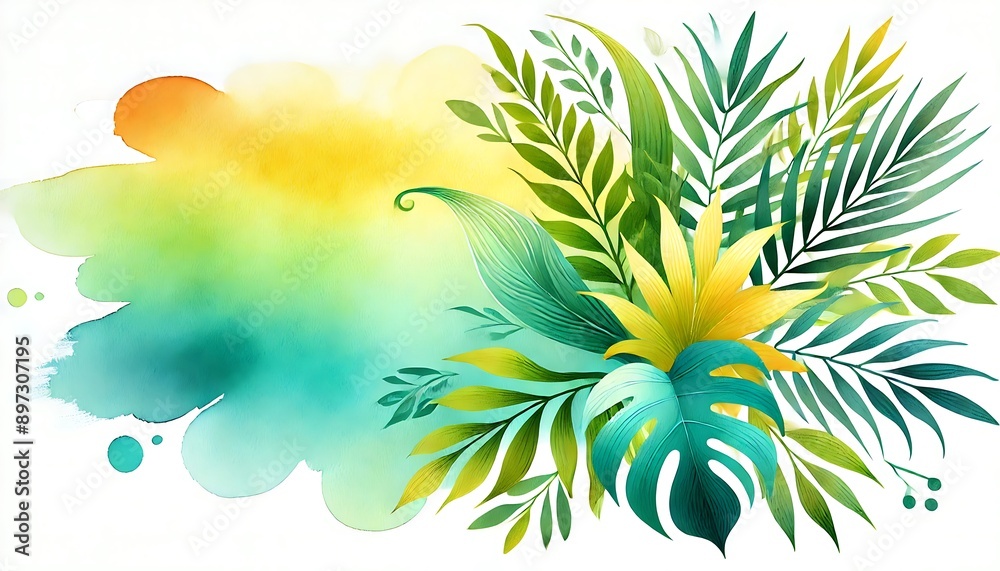 Obraz premium Tropical Foliage with Watercolor Background