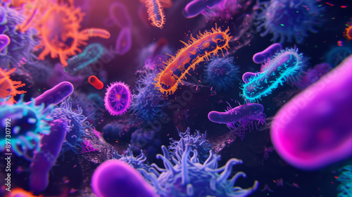Colorful microscopic view of bacteria and viruses