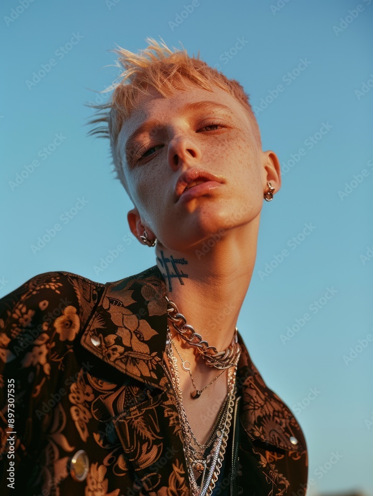A fashion campaign of a white non-binary model, streetwear, street photography, beautiful woman, man, lgbtq, diverse, isolated on a sky background, generative ai A fashion campaign of a white non-binary model, streetwear, street photography, beautiful woman, man, lgbtq, diverse, isolated on a sky background, generative ai