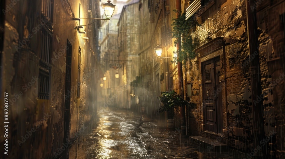 Fototapeta premium Atmospheric Narrow Alleyway in an Old Town with Warm Streetlights and Wet Cobblestone Path