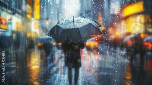 Person Walking Under an Umbrella on a Rainy Night in the City with Bright Lights and Reflections