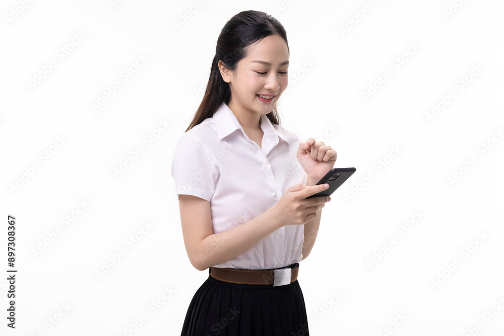 Portrait pretty Asian student girl in Thai university uniform using mobile app on smart phone isolated on white background. Portrait pretty Asian student girl in Thai university uniform using mobile app on smart phone isolated on white background.
