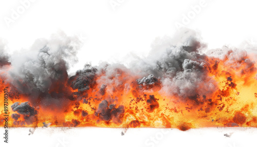 Obraz na płótnie A digital depiction of an explosion with thick black smoke rising above a bed of orange flames against a white background w salonie