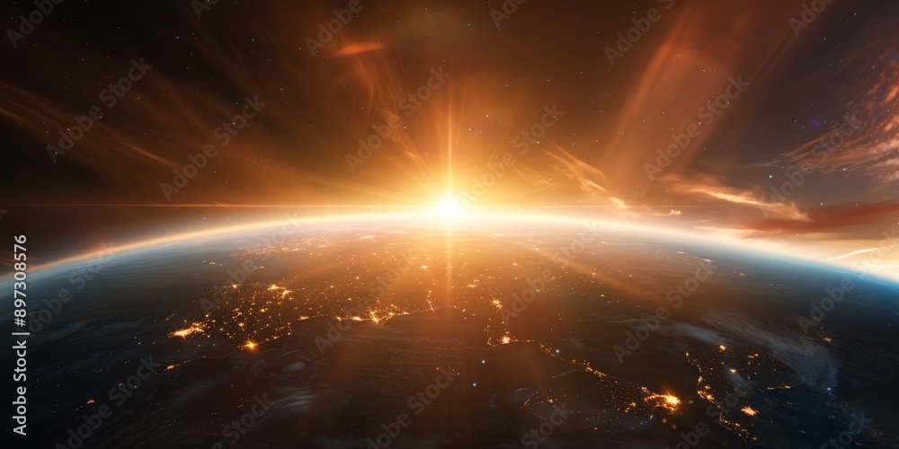 Stunning sunrise over Earth visible from space, city lights softly glowing on the surface, creating a beautiful scene Stunning sunrise over Earth visible from space, city lights softly glowing on the surface, creating a beautiful scene