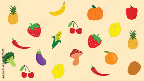 Fruits and vegetables pattern design illustration, editable vector. Famous fruits seamless pattern backdrop