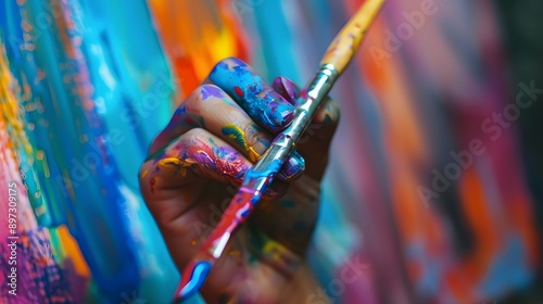 Hand Holding a Paintbrush: A hand holding a paintbrush dipped in colorful paint, ready to create art. 