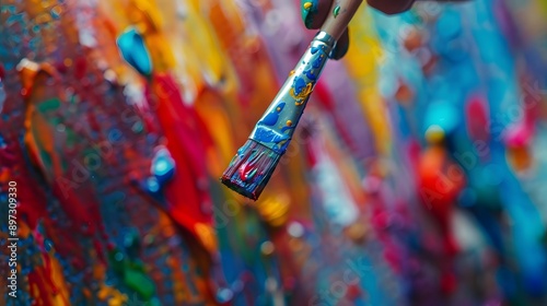 Hand Holding a Paintbrush: A hand holding a paintbrush dipped in colorful paint, ready to create art. 