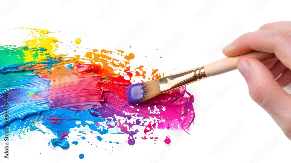 Fototapeta premium Hand Holding a Paintbrush: A hand holding a paintbrush dipped in colorful paint, ready to create art. 