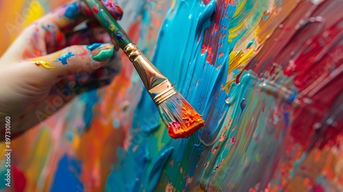 Hand Holding a Paintbrush: A hand holding a paintbrush dipped in colorful paint, ready to create art.
 photo