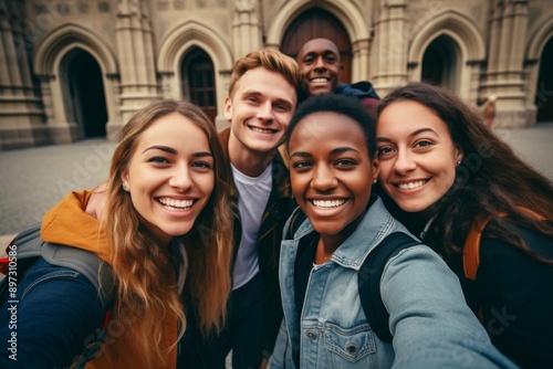 A group of young friends, all dressed casually, are taking a selfie in front of a grand university building. They are all smiling and appear to be happy and excited