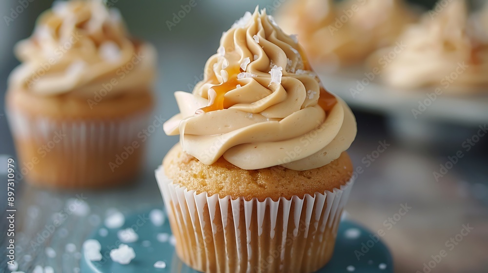 Single sweet and salty salted caramel cupcake with caramel buttercream and sea salt 