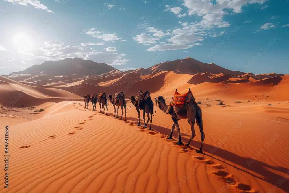 Clean and simple image of desert wanderers with camels in a vast, minimalist setting Clean and simple image of desert wanderers with camels in a vast, minimalist setting
