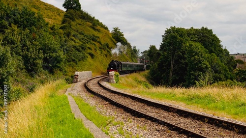 Discover a captivating steam engine chugging along a scenic railway track, showcasing the nostalgia and timeless elegance of classic train travel. Perfect for historical and transportation.