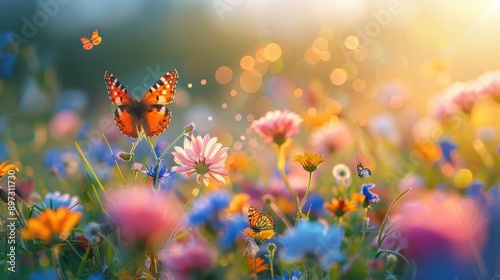 Vibrant Floral Meadow with Butterflies in Warm Sunlight © Nice Seven