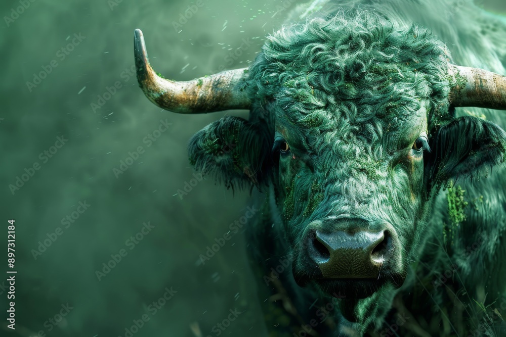 Naklejka premium Green Bull with Horns, Mystic Animal Close-Up
