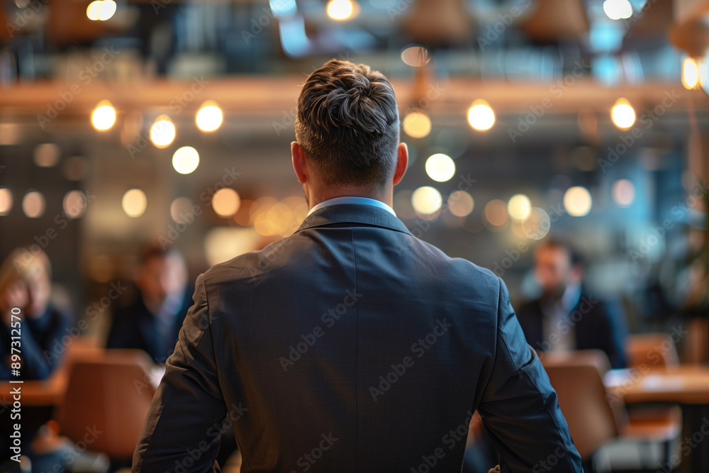 Fototapeta premium Businessman speak with auditorium. Backview