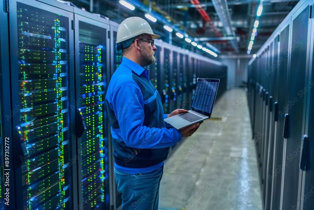 Fototapeta premium IT Specialist Holding Laptop at a Data Center 