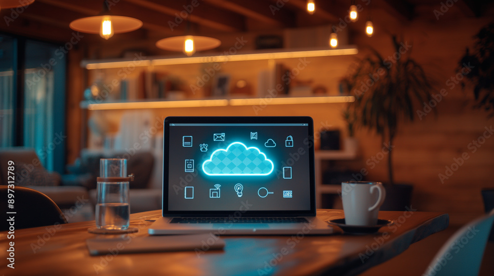 A laptop on a table with cloud storage icons and multiple file wraps on the screen, highlighting the digital transformation and data accessibility for enterprises A laptop on a table with cloud storage icons and multiple file wraps on the screen, highlighting the digital transformation and data accessibility for enterprises