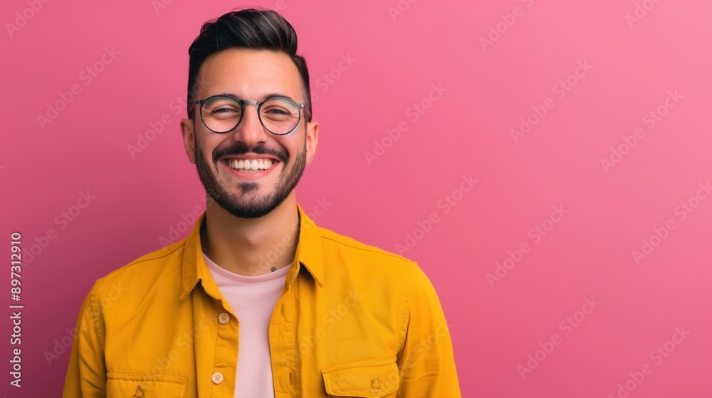 A cheerful man wearing glasses and a mustard yellow shirt smiles brightly against a pink background. Perfect for conveying positivity and friendliness.