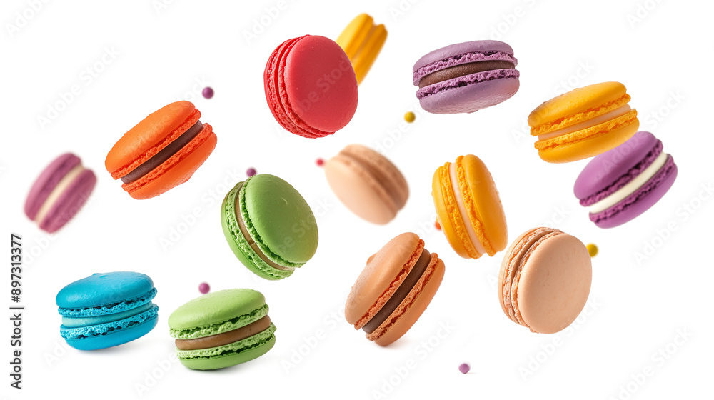 A close-up of a variety of pastries, including macarons, with a white background A close-up of a variety of pastries, including macarons, with a white background