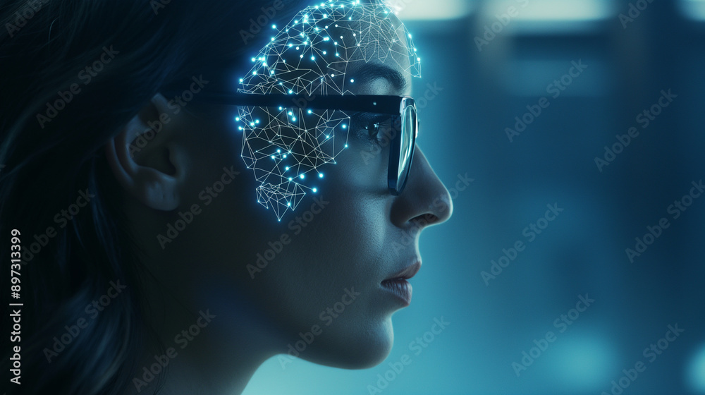 Side profile of an AI Mate in glasses, with her head adorned by intricate digital brain imagery and binary code patterns Side profile of an AI Mate in glasses, with her head adorned by intricate digital brain imagery and binary code patterns